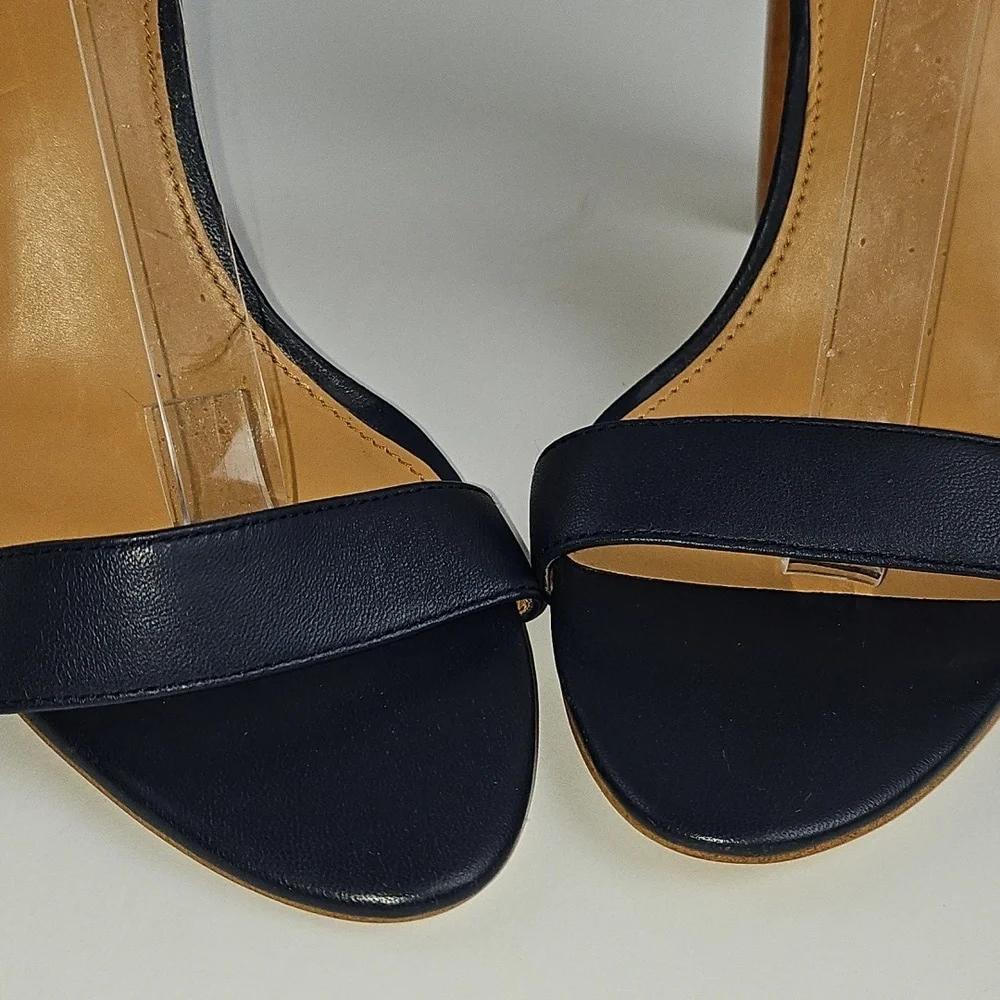 J. Crew Leather Navy Blue Open Toe Ankle Strap Wooden Block Heel Sandal